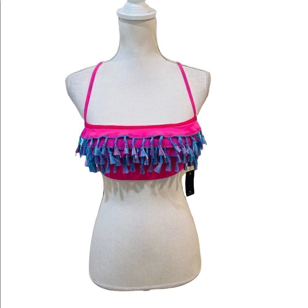 NWT vigoss swim pink active top with turquoise fringe adjustable straps tie